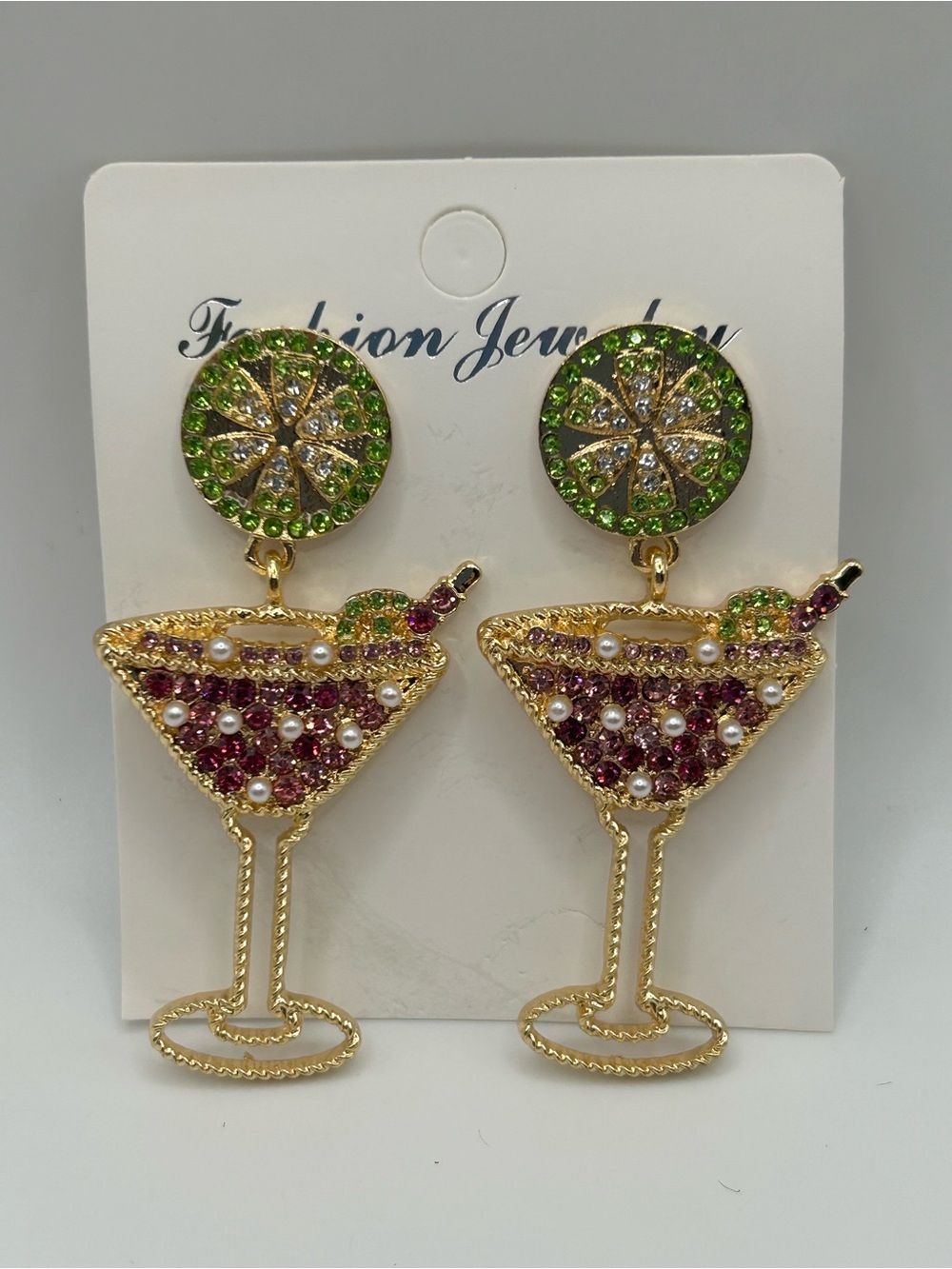 🆕 Fashion Jewelry Gold-Tone Martini Drop Earrings with Green and Pink Crystals